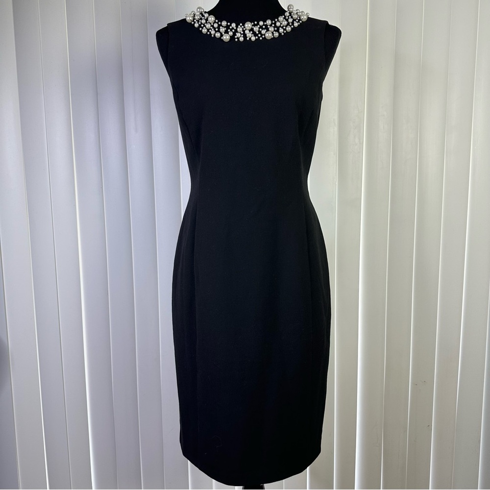 Calvin Klein Black Midi Dress with Pearl-Embellished Neckline